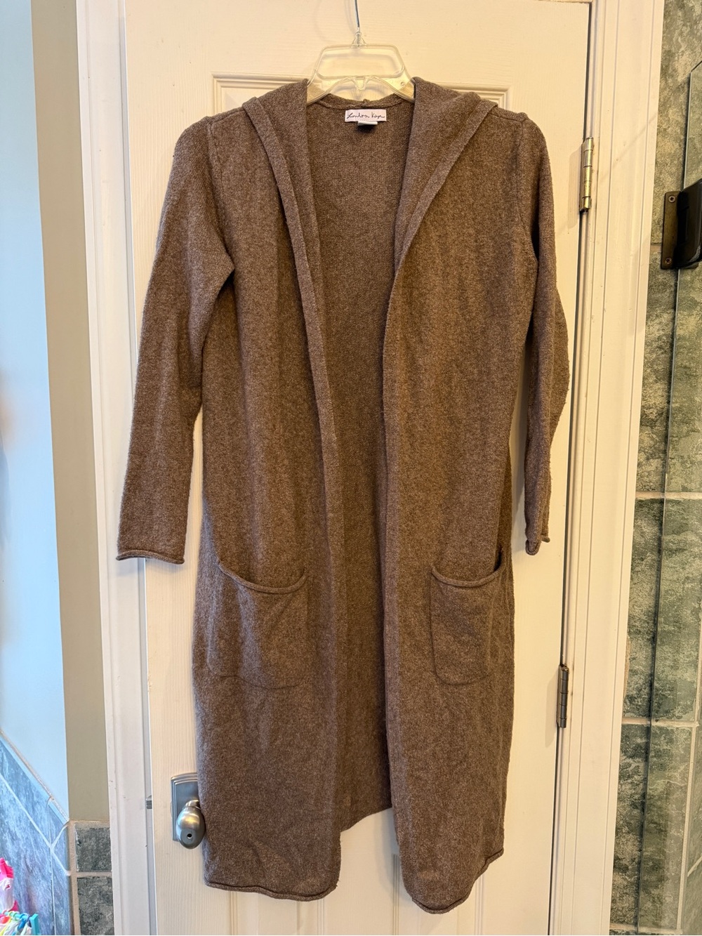 Long Hooded Open Cardigan Sweater in Taupe